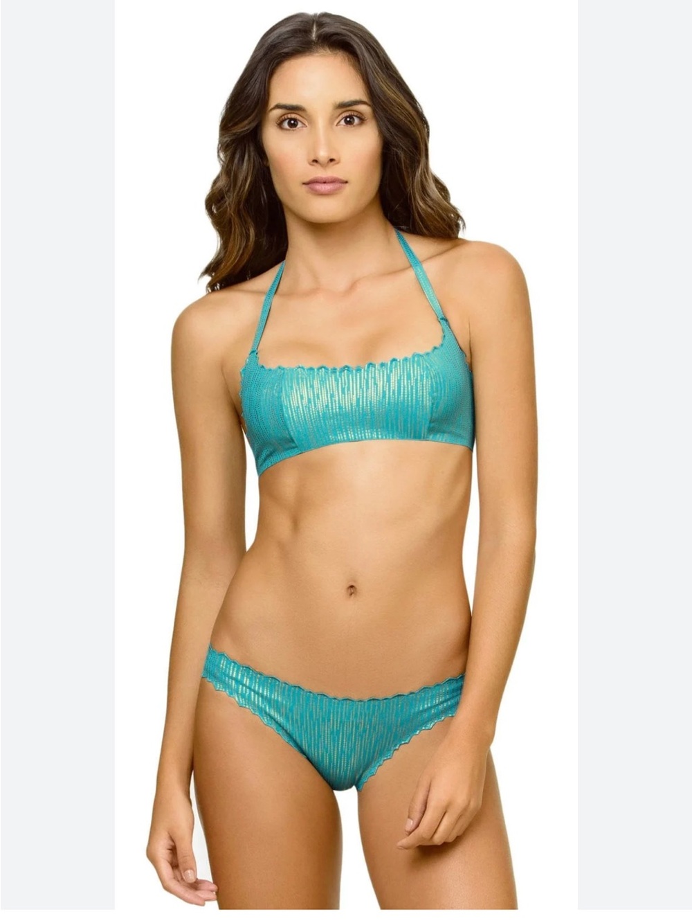 Pilyq Teal Scalloped Bikini with Shimmer Stripe Detail